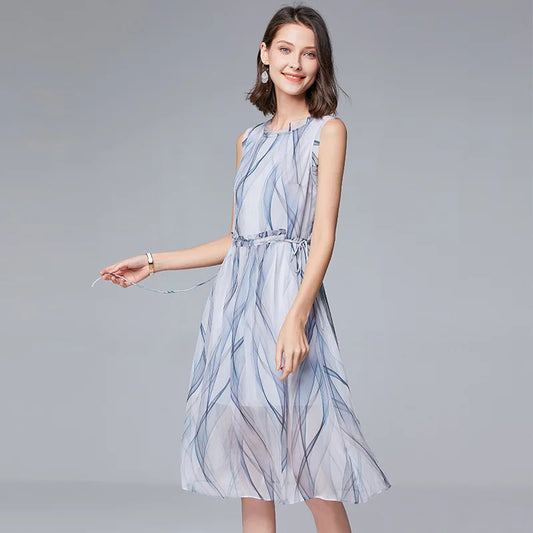 2024 new women's middle school long sleeveless fungus edge waist drawstring stripe elegant Fairy Dress