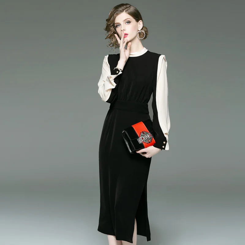 Women's Round Neck Long Sleeve Slim Dress, Female Commuter Dress, Classic, Contrast Color, New, Autumn, 2023