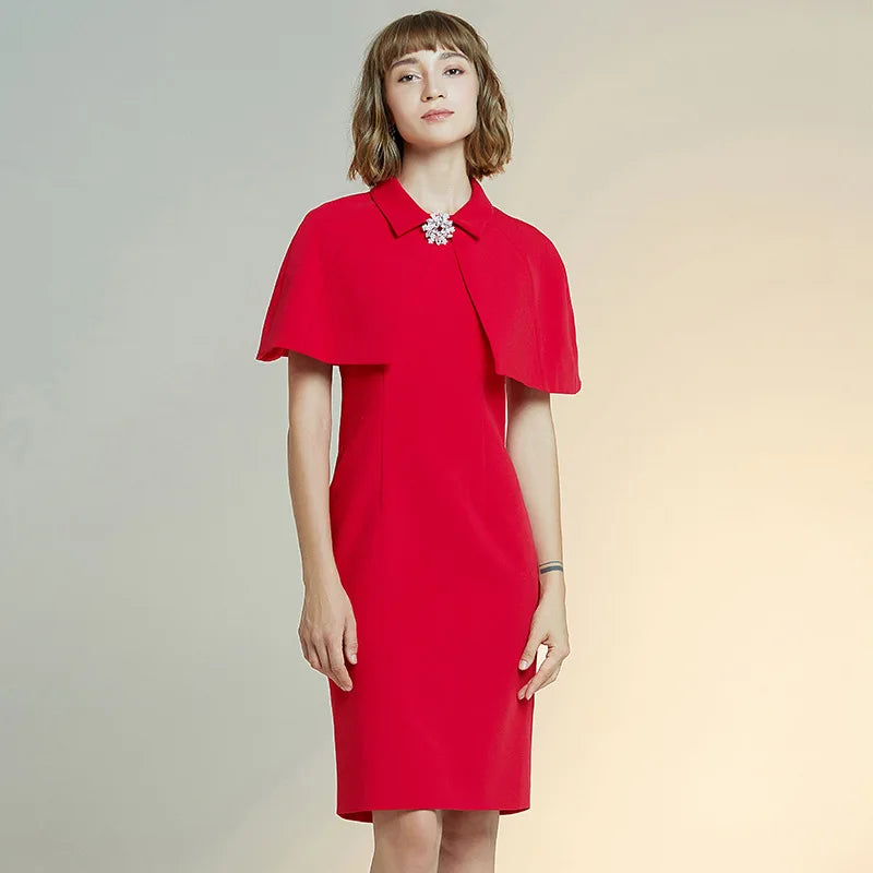 2023 women's new style dress solid Cape slim dress short sleeve red Dress female sheath dresses