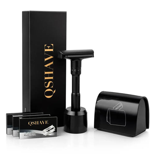 QShave Luxurious Black Adjustable Safety Razor kit  Men's Shaving kit Holder + Razor + Blade Disposal Case +15 Blades set