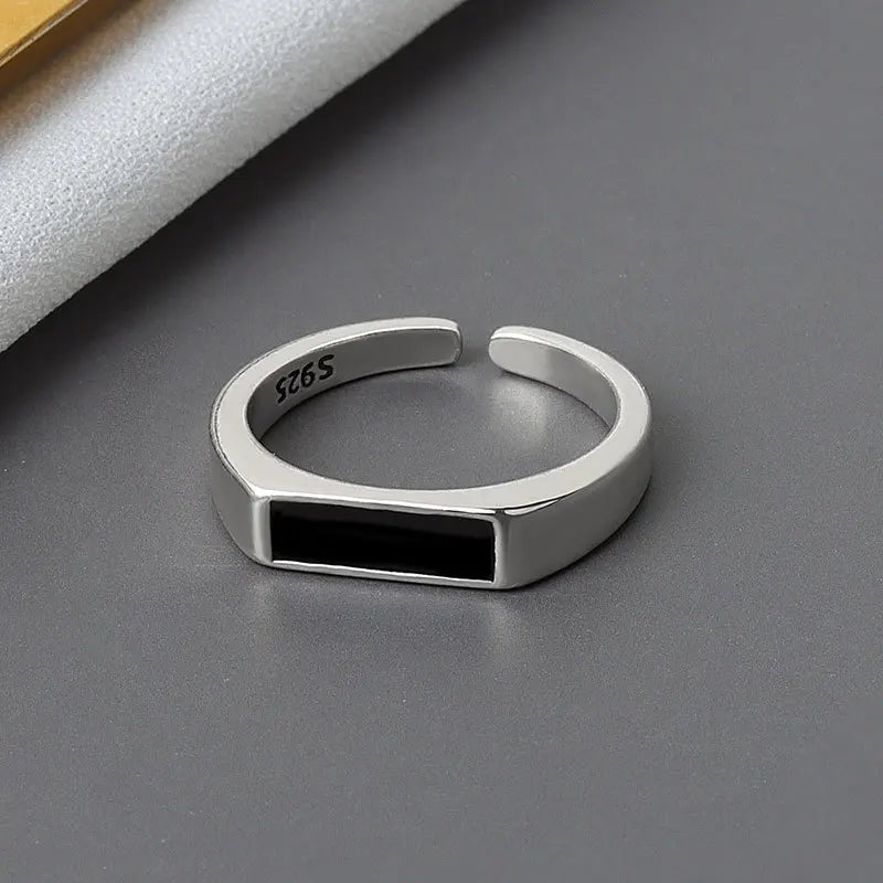 QMCOCO Silver Color Trendy Rings For Women Vintage Minimalist Handmade Black Stone Finger Jewelry Punk Hip-Hop Party Gifts