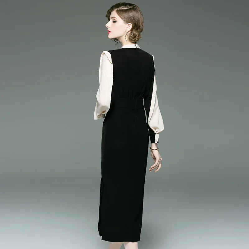 Women's Round Neck Long Sleeve Slim Dress, Female Commuter Dress, Classic, Contrast Color, New, Autumn, 2023