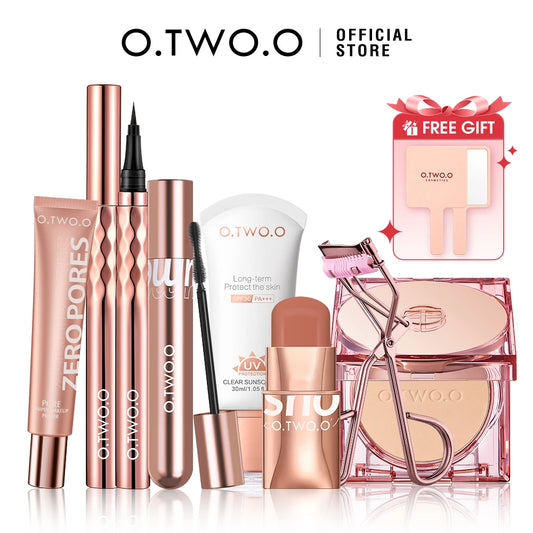O.TWO.O 8pcs Full Makeup Kit Include Eyeliner Lipstick Blusher Face Setting Powder Mascara Eyelash Curler Sunscreen Cosmetic