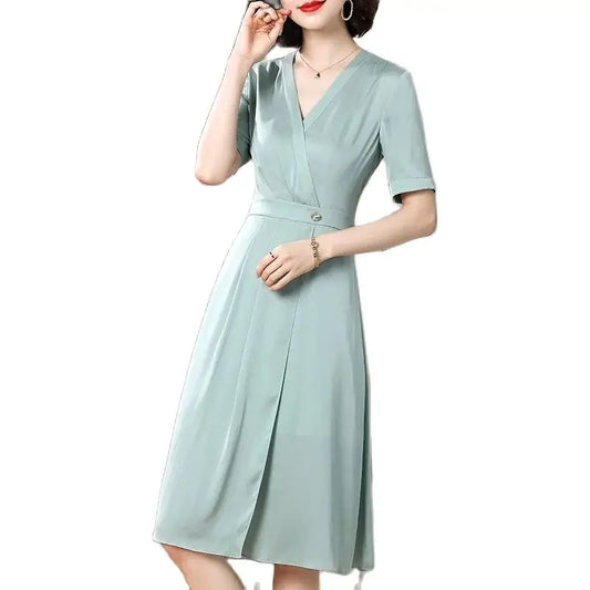 Pure mulberry silk dress, Knee-Length V neck short sleeve Dresses For Women new summer 2024