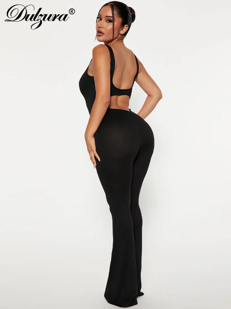 Dulzura 2023 Women Solid Ruched Backless Cut Out Tank Unitard Jumpsuit Hollow Out Flared Pants Sexy Y2K Sleeveless Outfits