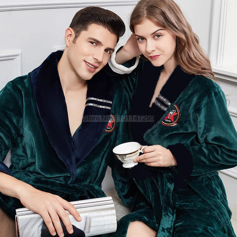 Winter Thick Warm Female Coral Fleece Kimono Robe Lovers Couple Nightgown Bath Gown Sleepwear Men Large Nightwear M L XL XXL 3XL