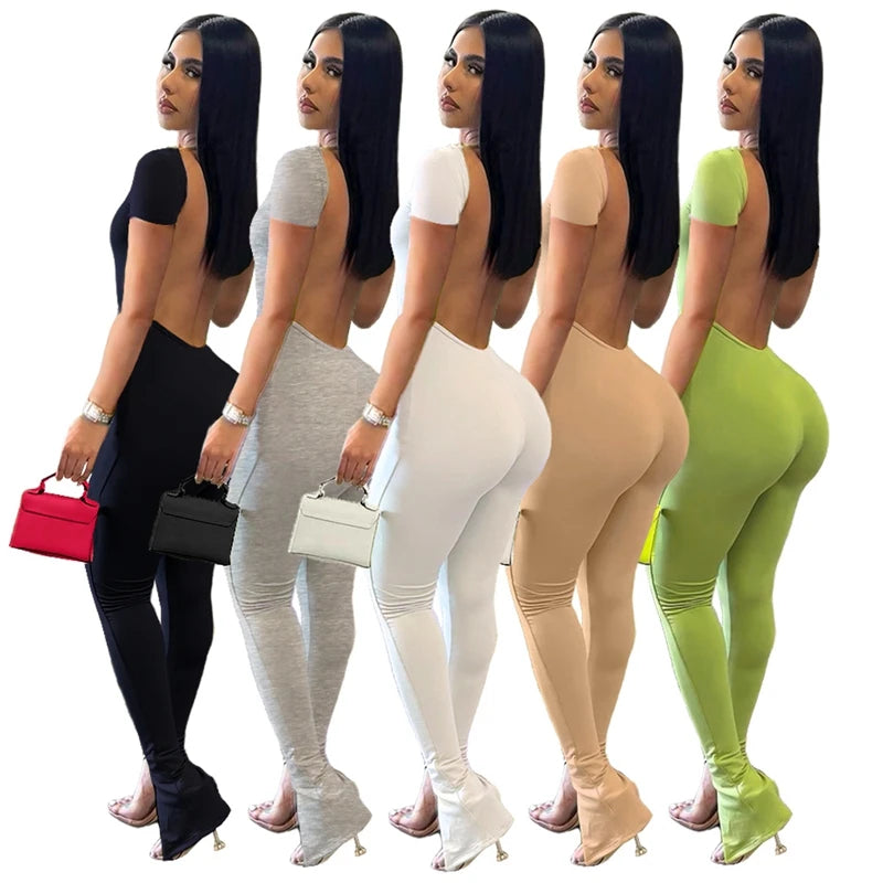 Solid Bodycon Backless Jumpsuit Sexy Summer Rompers Womens Jumpsuit Long Pants Workout Overalls Party Club One Piece Outfit